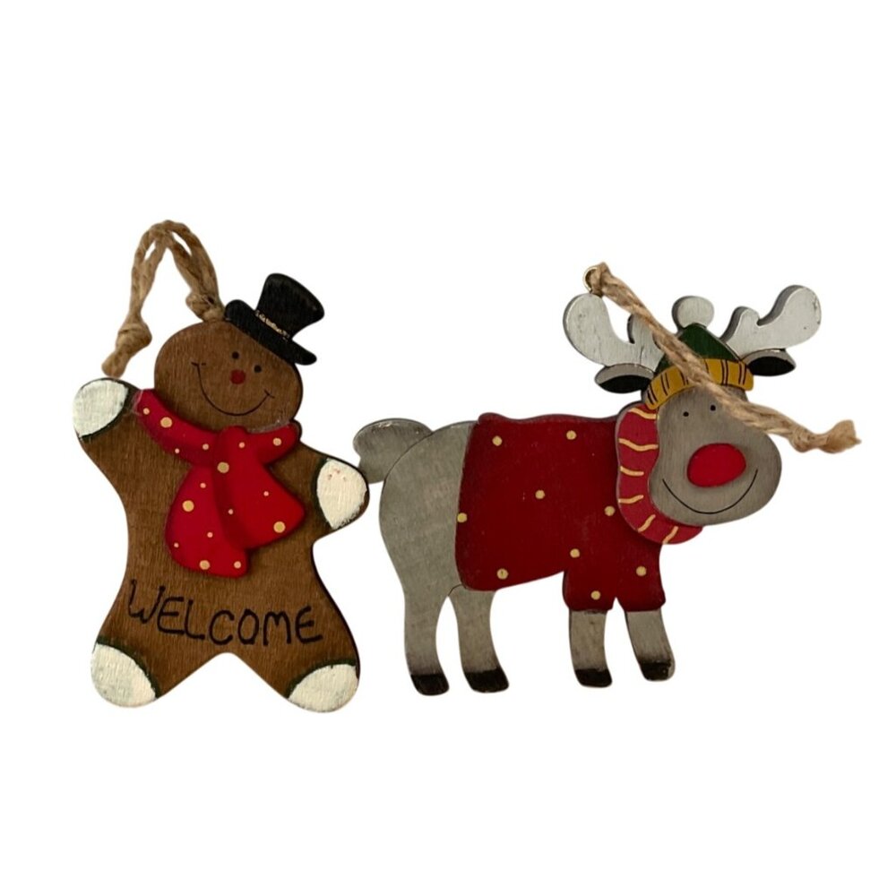 Vtg Rustic Wood Christmas Ornaments Gingerbread Man and Reindeer Jute Hanger